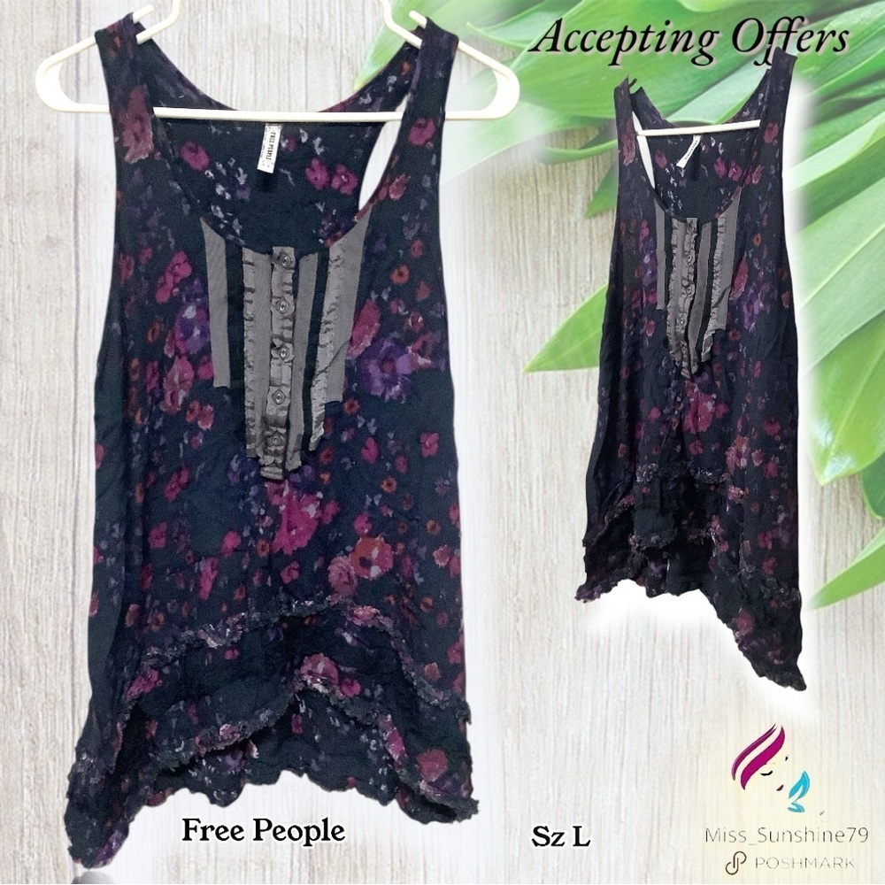 Free People -Sz L - racer back flowy wide hem tiered floral black purple Top